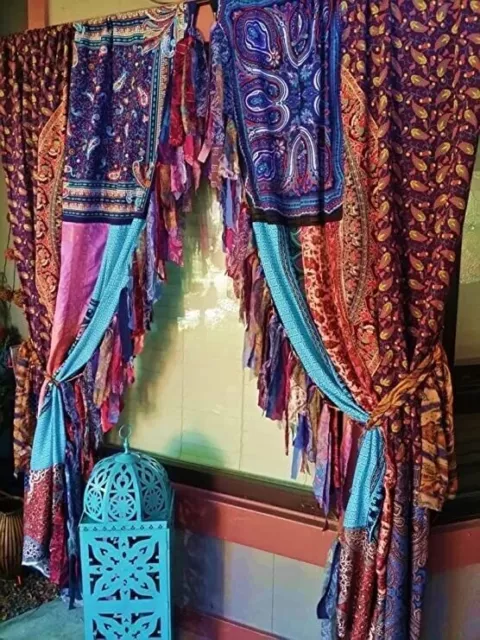 1 Paire Indien Vintage Sari Patchwork Rideau Drapé Fenêtre Décor Rideau De...