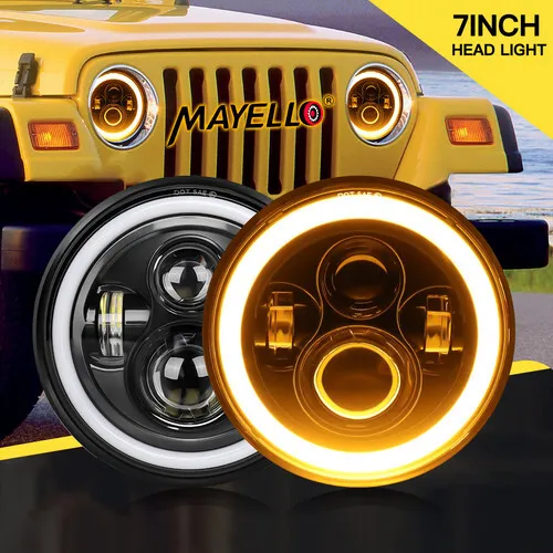 Pair 7" Inch Round LED Headlights Halo Angle Eyes For Jeep Wrangler JK LJ TJ CJ