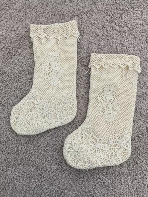 Christmas Holiday Stockings Crocheted Lace Victorian Crochet Vintage with Pearls