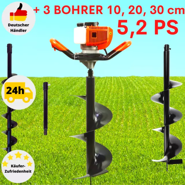 Erdbohrer Erdlochbohrer Pfahlbohrer Benzin 5,2 PS Erdbohrgerät  Bohrer Set 300mm