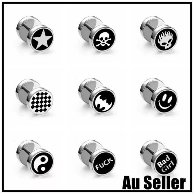 Stainless Steel Flat Round Barbell Mens Unisex Ear Plugs Stud Black Piercing Ear