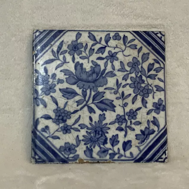 Victorian Transfer Print Blue/White Tile c.1900s China Blue Floral Flower 6 x 6"