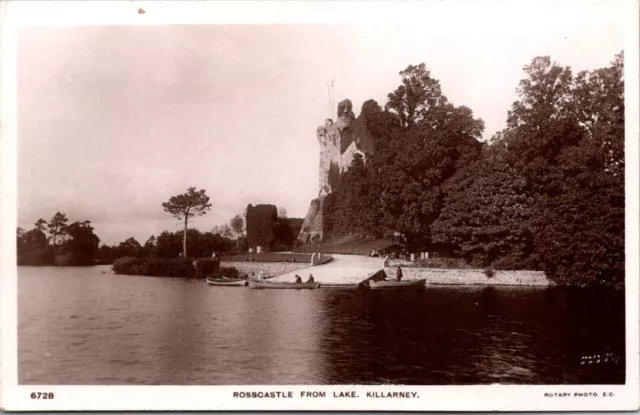 Ross Castle from Lake Killarney Ireland Boats Canoes Rotary Photo Postcard