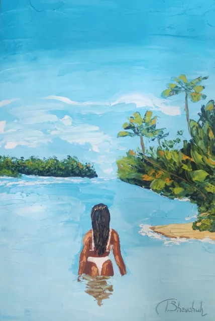 Woman Seascape Sea Original Oil Painting Landscape Sky Hand Painted Art 12x8 in