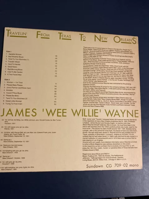 James Wee Willie Wayne Travelling’ From Texas To New Orleans LP Sundown Records 2