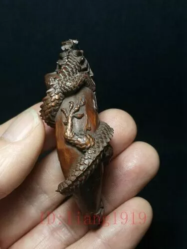 Japanese boxwood hand carved Dragon statue netsuke table deco old collectable 3