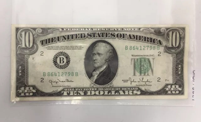 Series 1950 $10 Bill With Green Seal In Very Good Condition