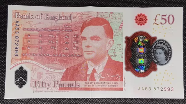 RARE AA63 872993 Alan Turing £50 Fifty Pound Bank Note 1st Edition Polymer