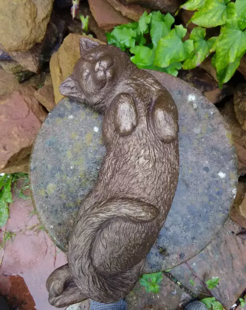 Laying Sleeping Cat Bronzed Stone Statue  Garden Sculpture Ornament