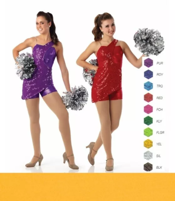 Fired Up YELLOW Adult Large Dance Team Costume Foil UNITARD w/Sequin Overlay