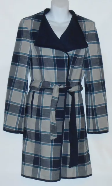 Jones New York Collection Plaid Belted Coat Jacket Navy Multi S NWT MSRP $199.00