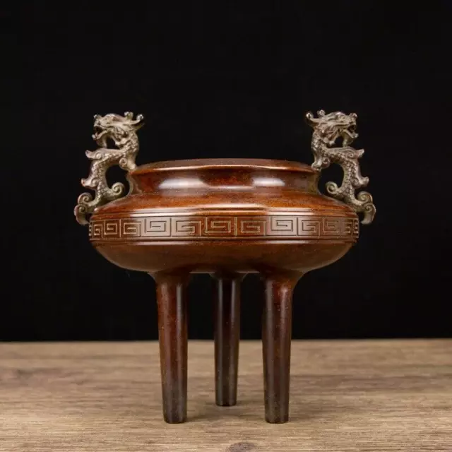 16 cm Chinese Antique Bronze censer Old Brass Incense burner Dragon SNT
