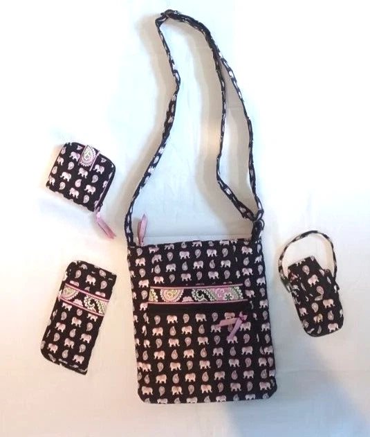 VERA BRADLEY Hipster Pink Elephant Bag 4 Pc Set Wallet Glasses Case Phone Case