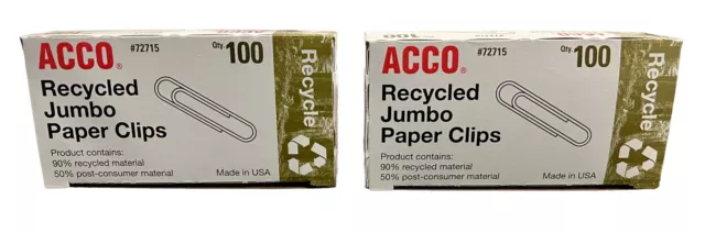 Paper Clips 200 Jumbo Size ACCO Recycled, Silver, 2 Boxes 72715 200-Count