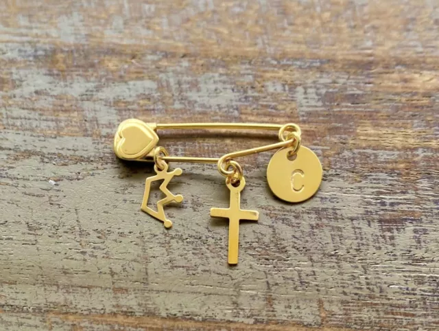 14K or personnalisé coeur couronne épingle à nourrice croix broche 1"