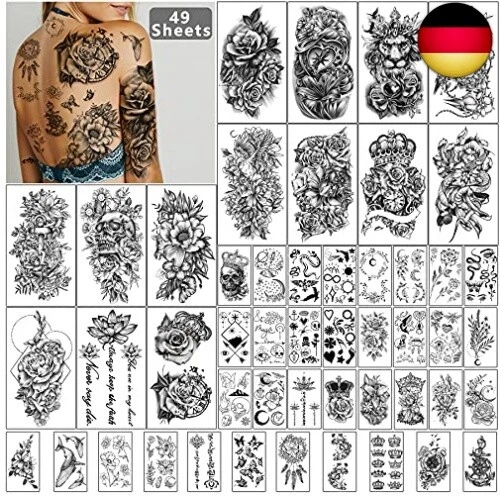 Yazhiji 49 Blatt Große Blumen Butterfies Crown Wasserdichte temporäre Tattoos f