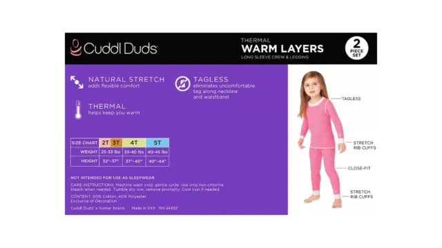 Brand New Toddler Girls Cuddl Duds Thermal 2 Piece Baselayer Set 2T/3T, 4T, 5T 3