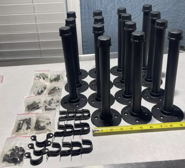 YCCO Industrial Black Iron Pipe Shelf Brackets 8" Wall 15 Pack w/Hardware