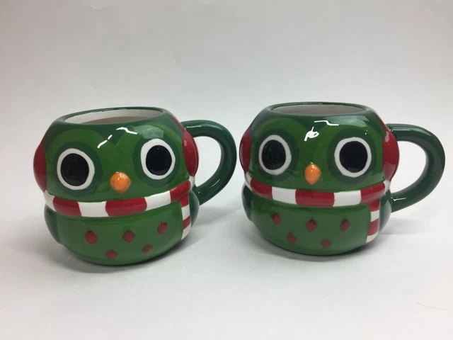Christmas Baby OWL w/ Earmuffs Figural Glazed Pair Coffee Mugs Set Of Two MESA