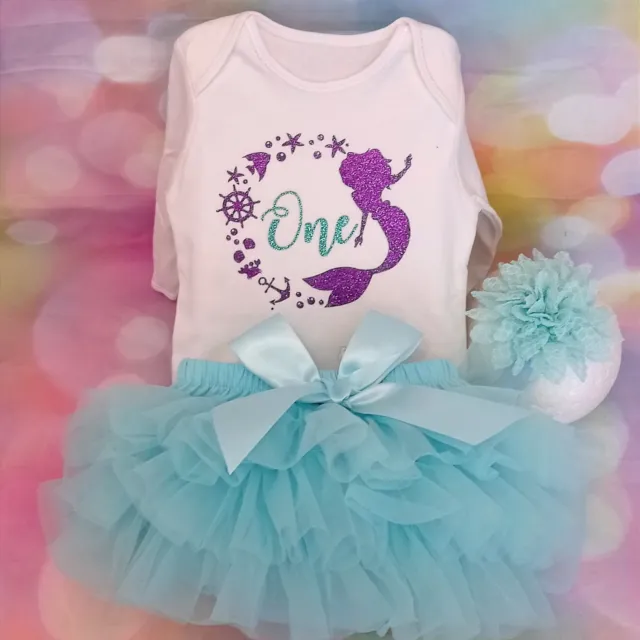 Girl First 1st Birthday Mermaid Outfit Cake Smash Fluffy Tutu Knickers  Flower