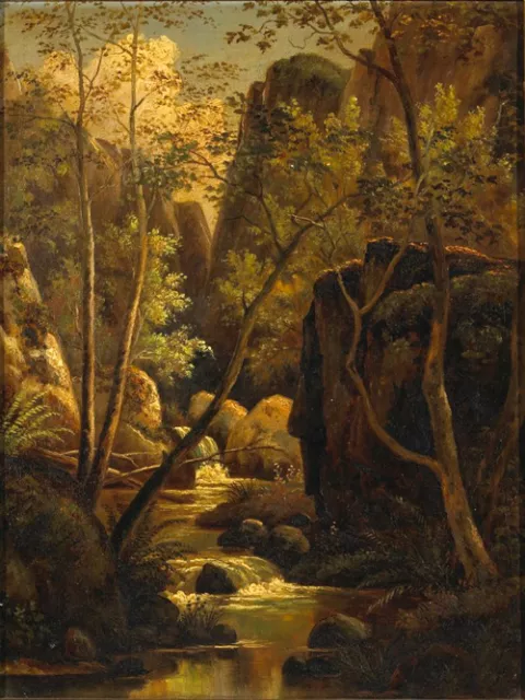 Landscape Oil painting A Wooded Glade with a Brook Running Through the mountain