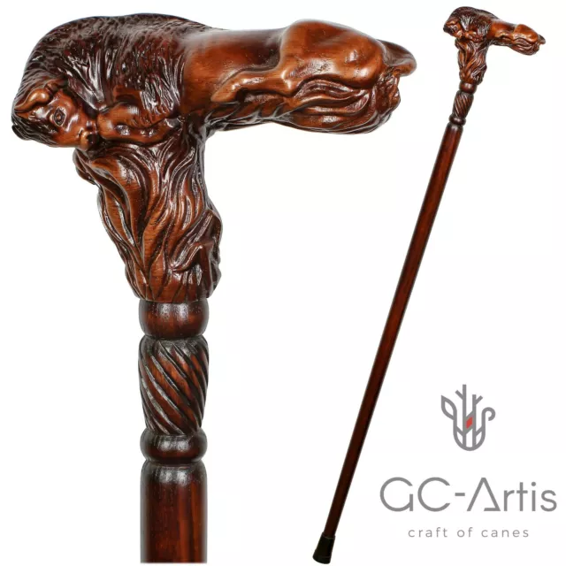 Wooden Walking cane stick Bison Bull Hand Carved Wood Crafted Ergonomic Handle R