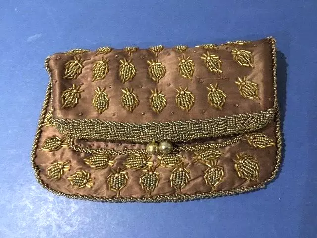 Vintage Beaded 1930s Satin Evening Clutch Bag Gold Beads