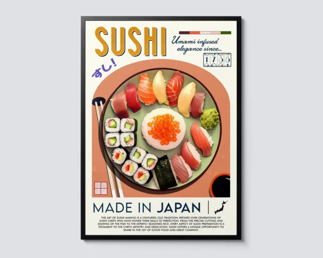 Japanese Sushi Vintage Graphic Print, Asian Cuisine Wall Art Decor, Perfect