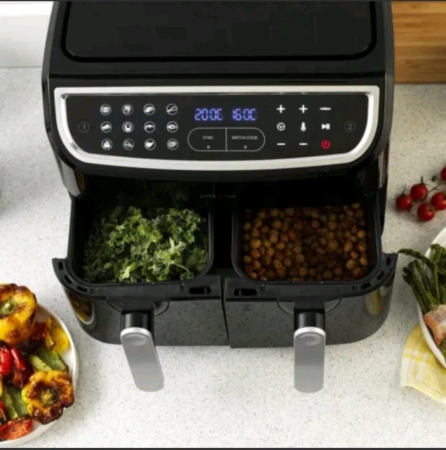 Salter EK5872VDE Dual View Air Fryer, 7L Non-stick Baking Tray With Removable Divider Large Family Capacity Viewing Window Led Digital 6 Functions 2300w Avis Fiche Technique Et Prix Au Maroc