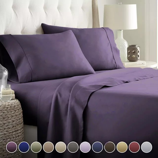 PURPLE 4 PCS Bamboo Bed Sheet Set Flat Fitted Sheets Pillowcases Queen King AU