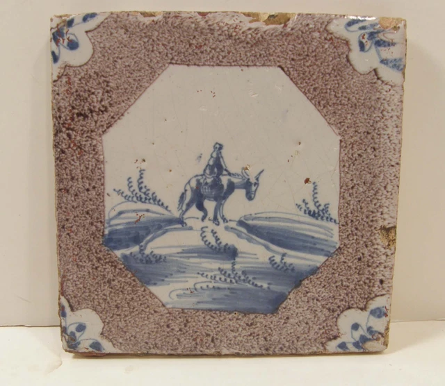 ANTIQUE 18th CENTURY DUTCH DELFT BLUE & MANGANESE SPLATTER TILE W/DONKEY & RIDER