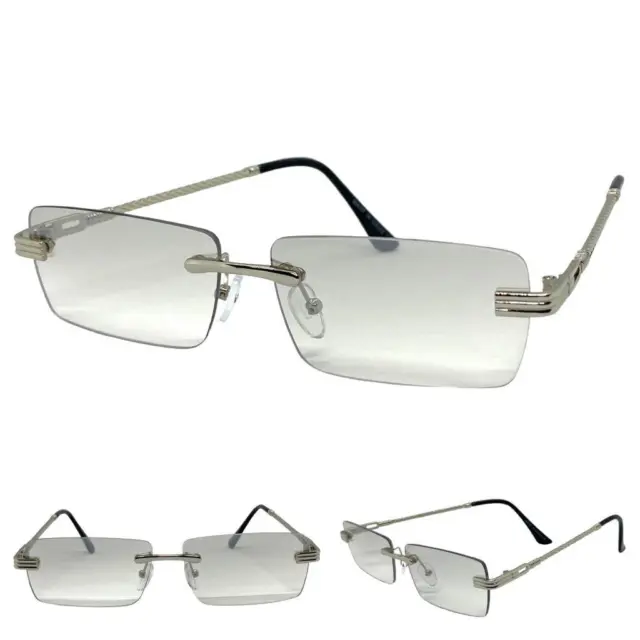 New Mens Classy Elegant Modern Clear Lens SUN GLASSES Rimless Silver Metal Frame