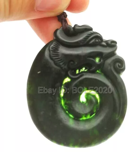 Natural Black Green Jade Carved Chinese Retro Dragon Lucky Pendant Rope Necklace