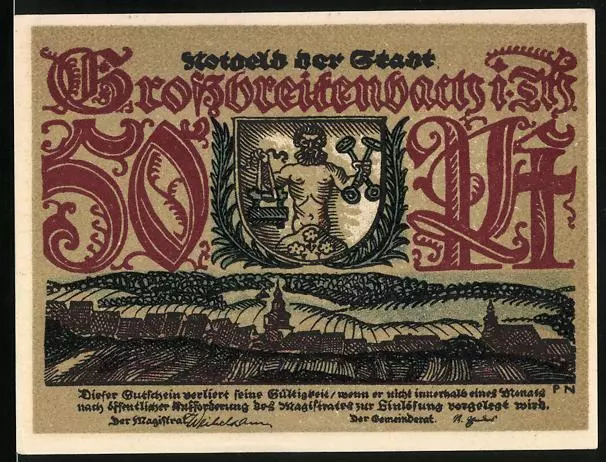 Notgeld Großbreitenbach, 50 Pfennig, Wappen mit Handwerker über der Stadt, Klei