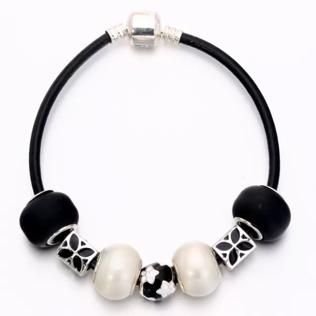 WOW Silver Black White Enamel Flower Murano Beads Charm European Lace Bracelet