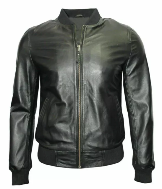 New 70'S Retro Bomber Men's Black Cool Classic Soft Spanish Nappa Leather Jacket