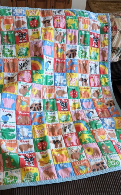 Vintage Baby Toddler Quilt bright learn about animals, rainbows and insects.