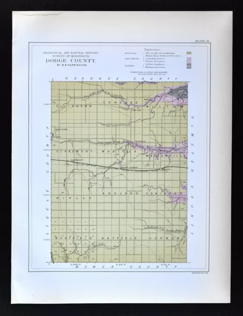 1901 Minnesota Geological Map - Dodge County Geology - Kasson Claremont Berne MN