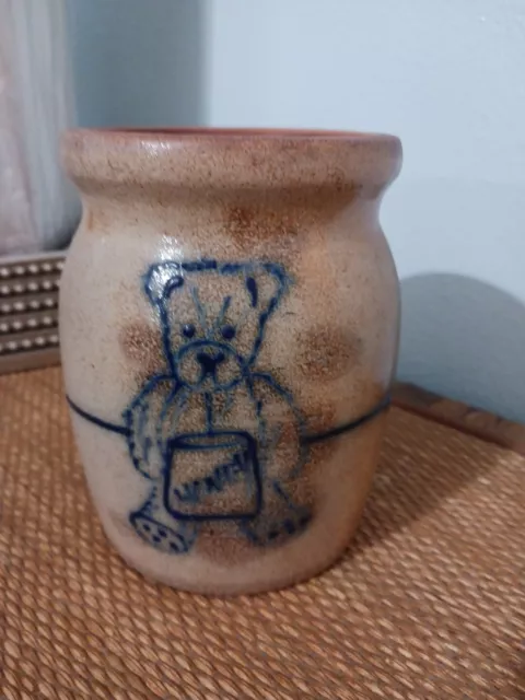 VTG Beaumont Brothers Pottery BBP Blue Teddy Bear Crock Vase Salt Glazed 1991