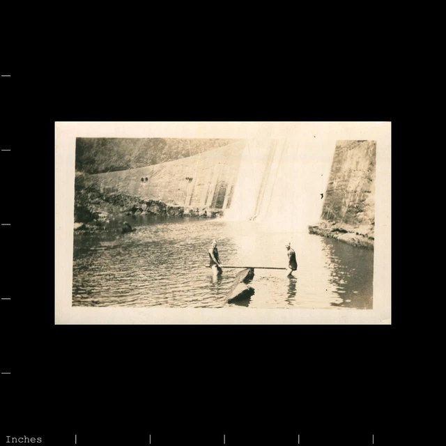 Old Vintage Photo FUNNY HUMOROUS COUPLE PEOPLE ON TEETER TOTTER BY DAM RIVER