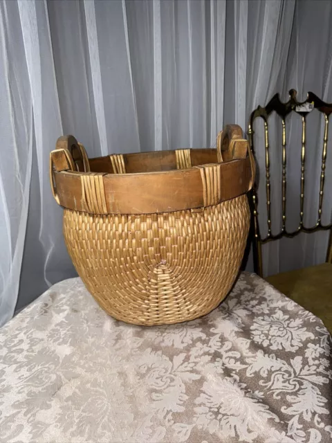 Vintage LARGE Authentic Willow Chinese Rice Basket Wooden Handles