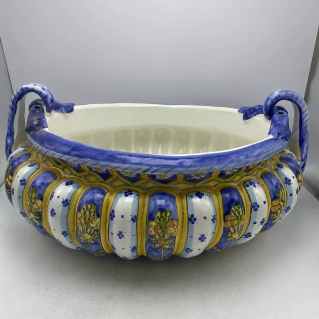 Italian Ceramic Centerpiece Bowl Blue Yellow White Handls Oval Large 16 x 19 x 9