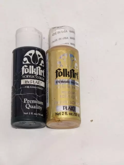 2 Bottles - Plaid Folk Art  Acrylic Paint   Gold and Green See Description