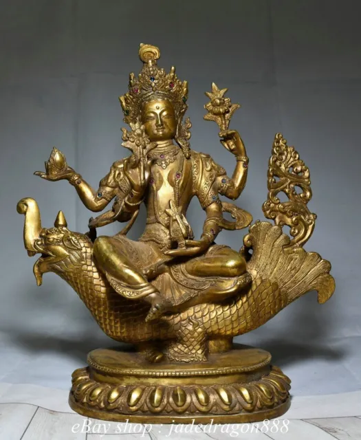 10.4" China Buddhism Copper Gilt Sit Lotus  Beast 4 Hand Kwan-yin Goddess Statue