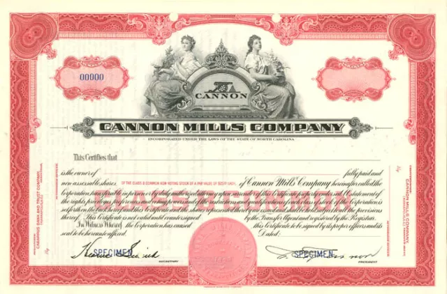 Cannon Mills Co. - Stock Certificate - Specimen Stocks & Bonds