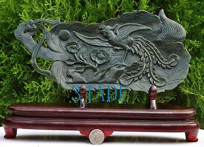 Natural Nephrite Jade Flower Phoenix Fan Statue / Carving / Sculpture / Art