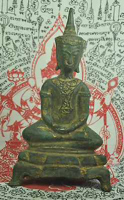 Antique Phra Chai Ngang Ngan Emperor Thai Gilt Gold Bronze Buddha Figure Statue