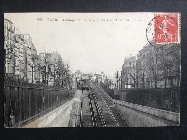cpa 1900 French PARIS MÉTROPOLITAIN Station de métro GARE du Bd Barbès rame