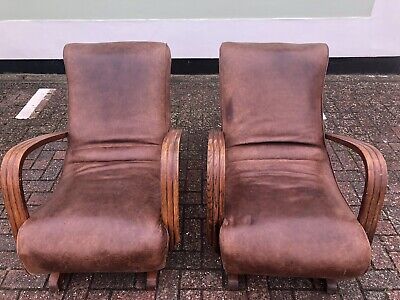 Pair of Art Deco 1930's Rare Bentwood Banana Armchair Rocking Chairs Halabala 2