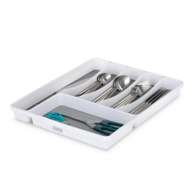 6 Compartment Cutlery Tray Rack Holder Drawer Insert Tidy Storage White/Grey Uk